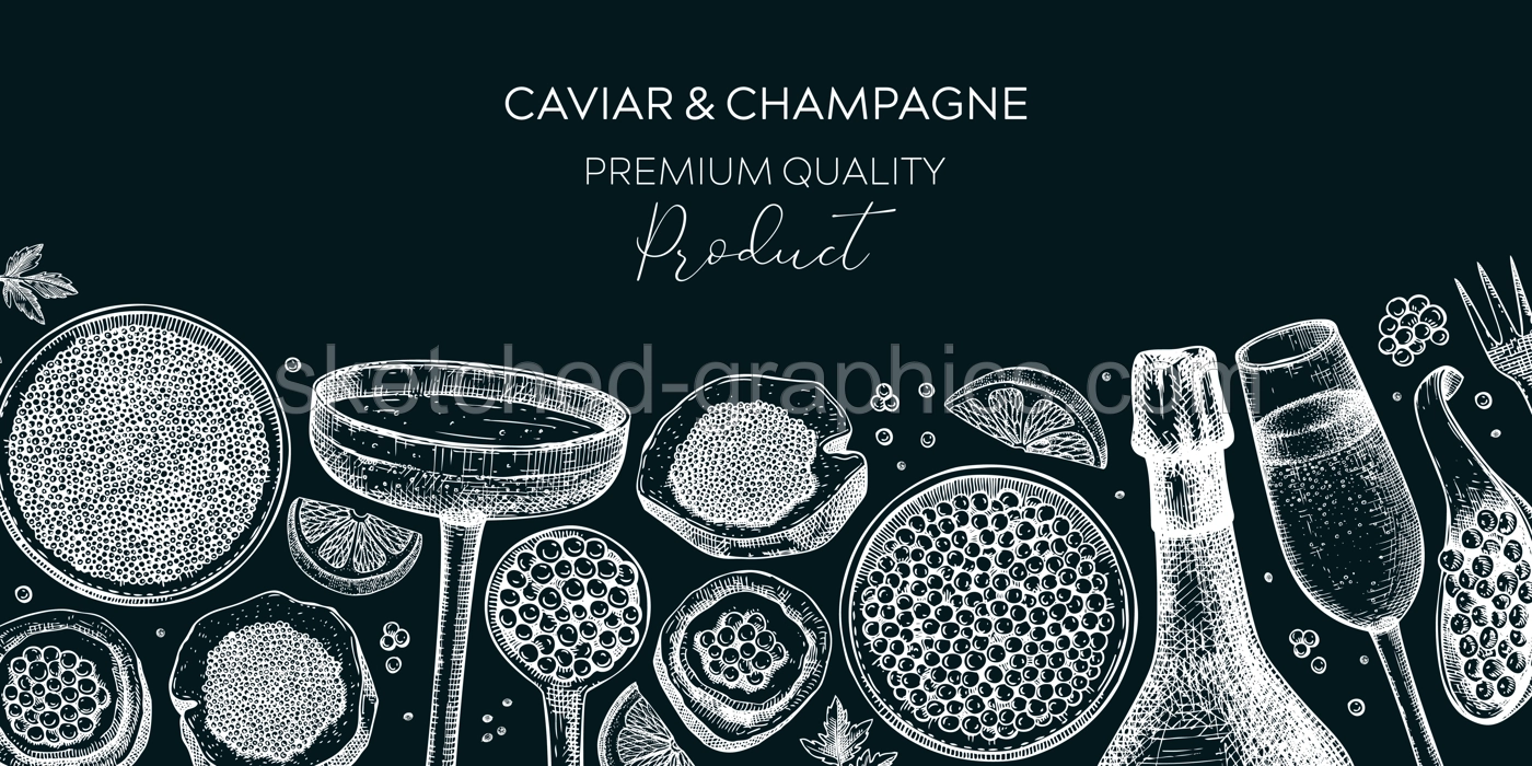 Caviar and champagne hand drawn illustrations collection. Hand drawn red caviar canape, canned black caviar, sparkling wine bottle, glasses sketches set. Seafood drawings isolated on white background Illustration